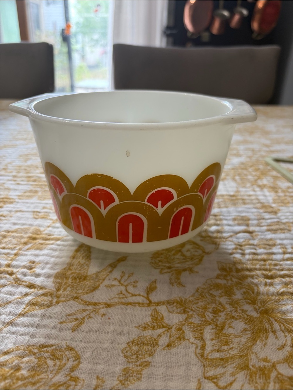 Vintage Pyrex White Mixing Bowl with Orange and Gold Retro Arch Design
